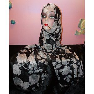 Vintage Grey & Black Floral Scarf with Fringe pinup retro rockabilly flowers